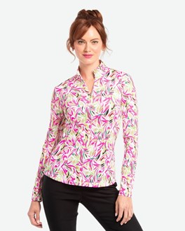 EPNY Long Sleeve Abstract Tropical Print Zip Mock Polo